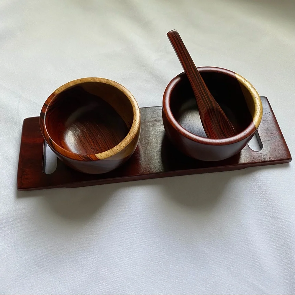 Vintage Wooden Double Bowl Set with Spoon - Rich Brown and Natural Wood Trim